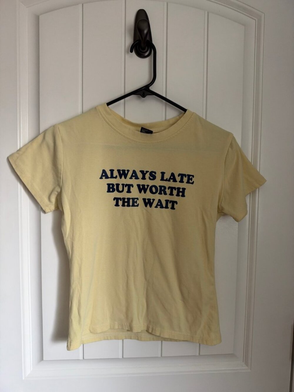 SYS "Always Late But Worth The Wait" Baby Tee Womens 2 Yellow Fitted Graphic
